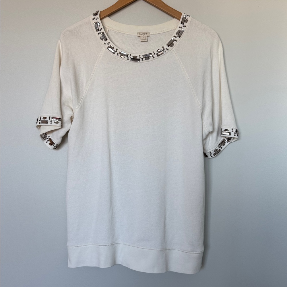 J. Crew Women’s Short Sleeve White Sweatshirt with Jewel Neckline Size Large